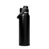 A drink bottle in black, featuring a wide mouth and a carry handle, with a logo on the side.