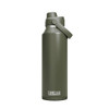 A drink bottle featuring a matte olive green finish and a secure lid with a handle. It has a logo on the front.