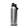 A drink bottle with a sleek stainless steel design, featuring a black lid and handle, and a logo on the side.