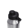 A drink bottle with a stainless steel body and black lid featuring a carrying handle and a push-button spout.
