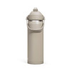 A drink bottle in a muted beige colour with a flip straw and a carry handle, featuring a logo.