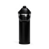 A drink bottle in black with a flip straw and carrying handle, featuring a logo on the side.