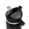 A drink bottle with a black finish, featuring a flip straw lid and a logo.