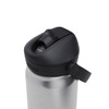 A drink bottle in stainless steel with a black lid and flip straw, featuring a logo on the side.