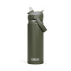 A drink bottle in olive green with a flip straw and a removable lid, featuring a logo at the base.