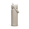 A drink bottle in a light beige colour with a flip straw and a side handle, featuring a logo.