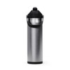 A drink bottle with a sleek stainless steel design and a black flip straw lid. It features a sturdy carrying handle.