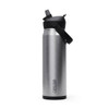 A drink bottle featuring a stainless steel body with a black flip straw lid and a logo.