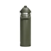A drink bottle in olive green with a grey lid and a carry handle, featuring a logo.