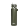 A drink bottle in olive green with a flip straw lid and a handle, featuring a logo on the side.