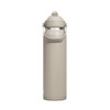 A drink bottle in a muted beige colour with a Flip Straw and a handle, featuring a logo.