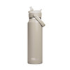 A drink bottle in light beige with a flip straw and a carry handle, featuring a logo.