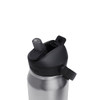 A drink bottle with a stainless steel body and a black, flip-top straw lid, featuring a logo.