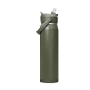 A drink bottle in olive green with a flip straw lid and a handle, featuring a logo on the side.