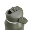 A drink bottle in olive green with a flip straw and a handle, featuring a circular cap and a visible logo.