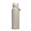 A drink bottle in a light beige colour with a flip straw and a side handle, featuring a logo.