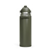 A drink bottle in olive green with a flip straw lid and a carrying handle, featuring a logo.