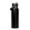 A drink bottle in matte black with a flip straw lid and a handle, featuring a brand logo.