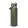 A drink bottle in olive green with a removable flip straw lid and a side handle, featuring a logo.