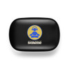 A black earbuds case featuring a logo with a seated figure wearing headphones and the word "serene" underneath.