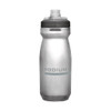 A drink bottle in clear and grey, featuring a wide mouth and a sports cap, with a logo on its side.