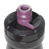 A drink bottle in black and purple, featuring a twist top and a logo.
