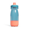 A drink bottle featuring a transparent blue body with a coral base and a screw-on lid. It has a logo on it.