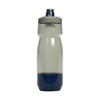 A drink bottle with a grey upper section and dark blue lower section, featuring a screw-on lid and a logo.
