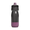 A drink bottle in grey and purple, featuring a sports cap and a branded design.