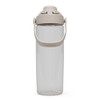 A drink bottle in clear plastic with a beige lid and handle, featuring a logo on the side.