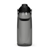 A drink bottle in transparent grey with a black lid and handle, featuring a logo on the side.