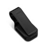 A black visor glasses holder with a clip design, featuring a textured surface. It has a logo on the side.