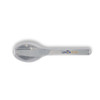 A stainless steel serving spoon with a rounded end and a clear handle, featuring a logo on the handle.