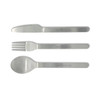A stainless steel cutlery set featuring a knife, fork, and spoon with a logo.