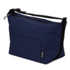 A navy blue recycled lunch cooler bag with a zip closure and a front pocket, featuring a shoulder strap.