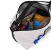 A grey lunch cooler bag containing various food items, a bottle, and utensils inside. It features a zip closure and has a logo.