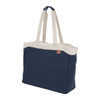 A navy blue tote bag with cream handles and a logo. Designed for carrying a computer and other essentials.