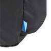 A packable travel duffel bag in black with a small blue tag, featuring a simple and durable design.
