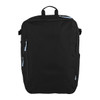 A black travel backpack with multiple zippered pockets and a top handle. It features blue zipper accents and has a logo.