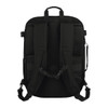 A black travel backpack featuring padded straps and multiple compartments. It has a branding logo visible.