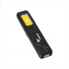 A rechargeable work light in black with a yellow lighting panel, featuring a logo on its surface.