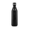 A drink bottle in sleek black with a silver top and a handle, featuring a logo on the side.
