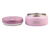 A pink insulated food flask with a stainless steel interior and a matching lid, featuring a logo.