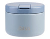 A food flask in light blue with a secure lid and a logo. Suitable for keeping food insulated.