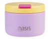 A food flask with a purple body and a yellow lid, featuring a logo on the front.