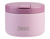 A pink insulated food flask with a lid, featuring a logo on the front.