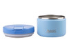 A food flask in light blue with a stainless steel interior and a matching lid. It features a logo.