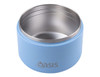 A food flask in pastel blue, featuring a stainless steel interior and a logo.