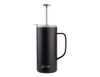 A drink bottle in matte black with a stainless-steel plunger and handle, featuring a logo on the body.