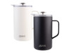 Two insulated coffee presses, one in white and one in black, both featuring a handle and a lid, with a logo.